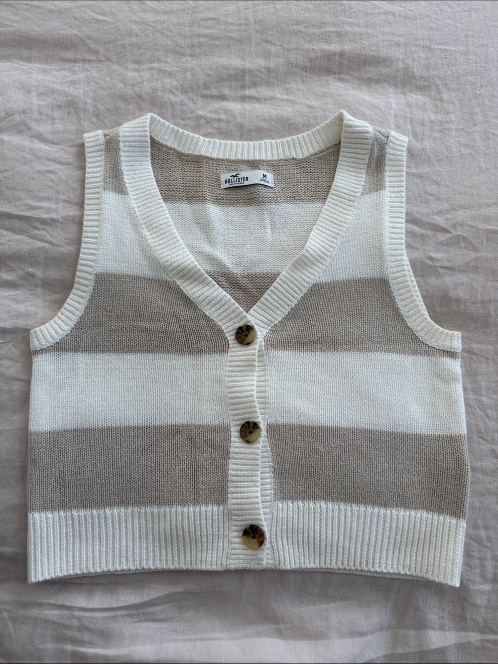 Hollister Cream & Taupe Striped V-Neck Knit Vest